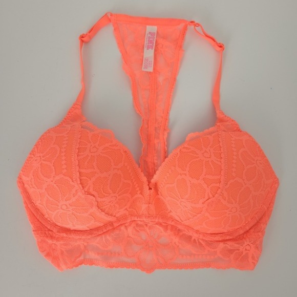 NWOT PINK Victoria's Secret Neon Coral Orange Push-Up Lace Racerback Bra- Small - Picture 1 of 5